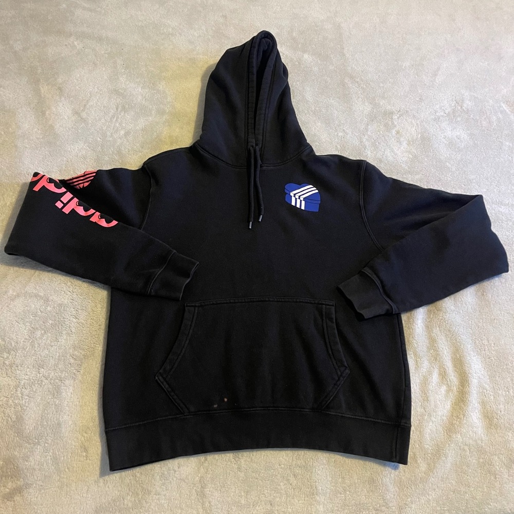 Adidas Black Hoodie Heart Logo Pink Sleeve Graphic Hooded Sweatshirt Size Small